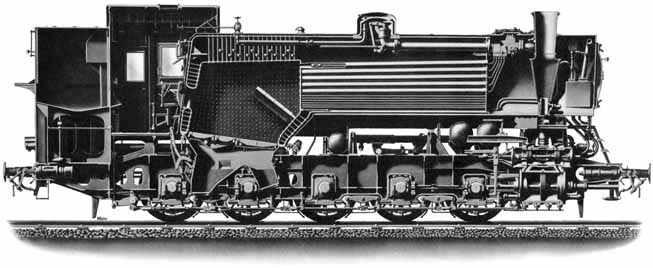 Schnitt einer E h2 Güterzug-Tenderlokomotive, Baureihe 82